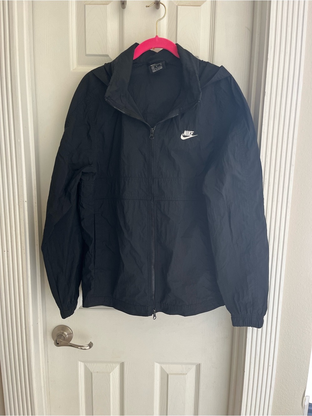 Nike Black Women's Hooded Windbreaker with White Swoosh